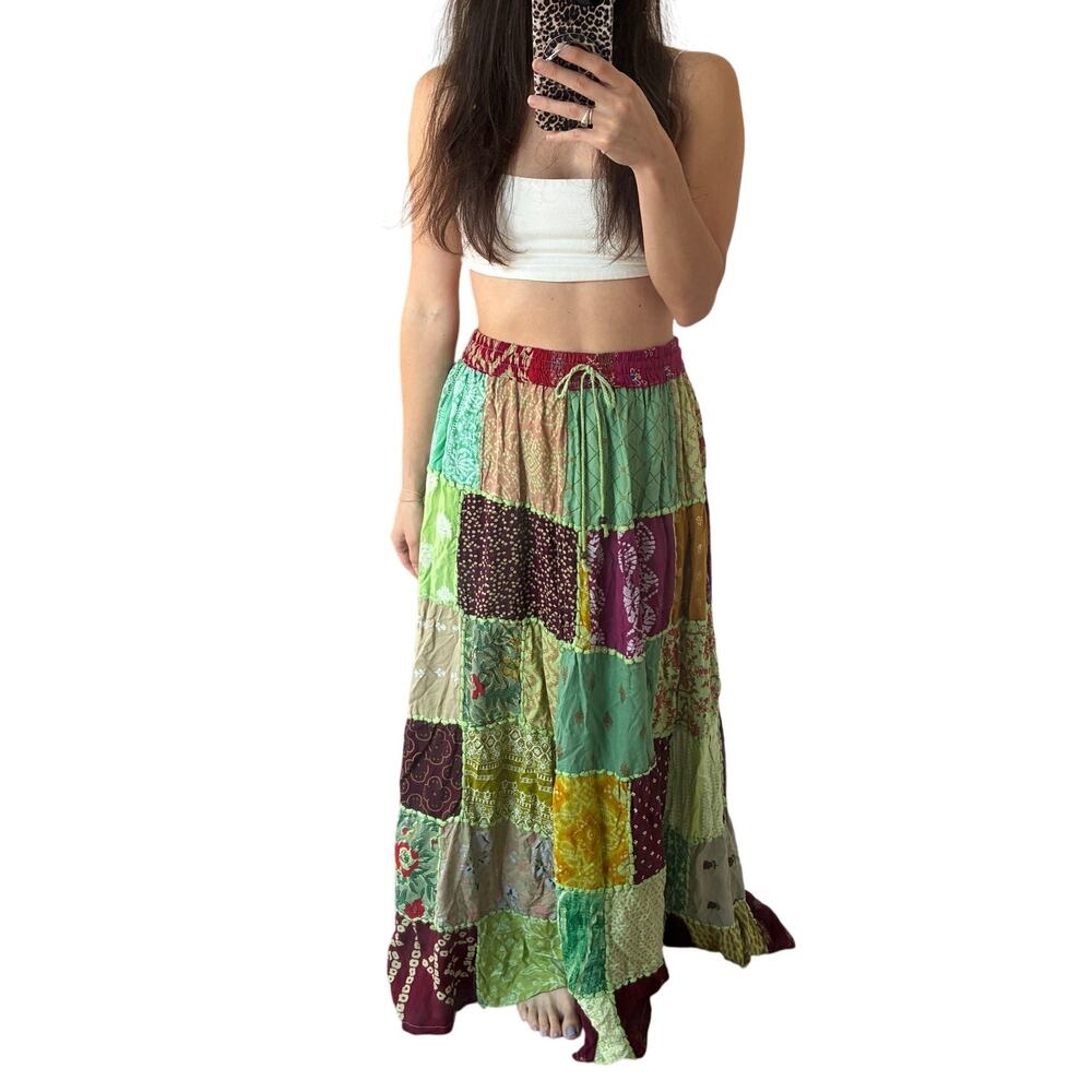 Bohemian Hippie Patchwork Mixed Media Retro Flowy Maxi Skirt Size S / M